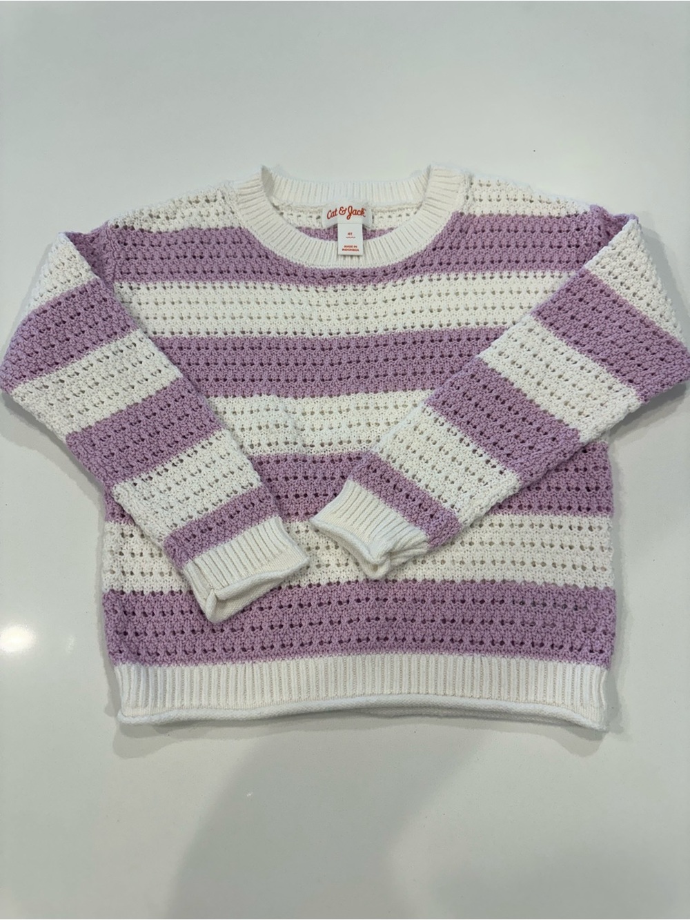 Cat & Jack Pastel Lilac and White Crochet Crewneck Sweater